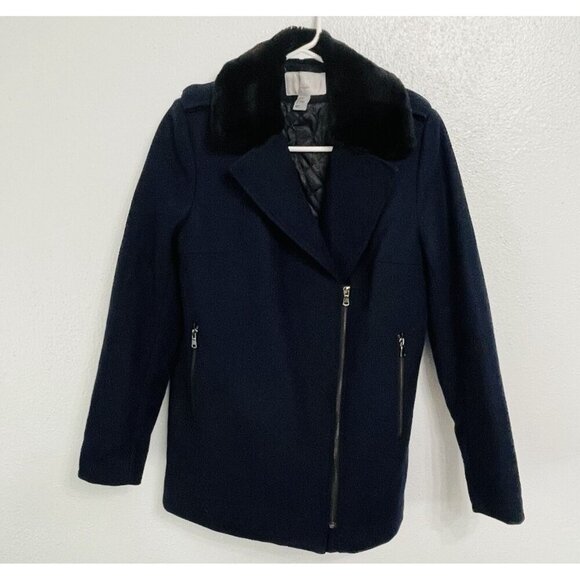 H & M Wool Blend Coat Size 6 Navy Side Zip Pockets Off-set Front Zipper (U5) - Picture 1 of 6